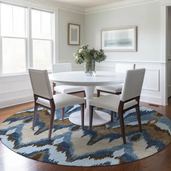 8' Denim Blue And Sky Blue Round Ikat Washable Indoor Outdoor Area Rug Photo 7