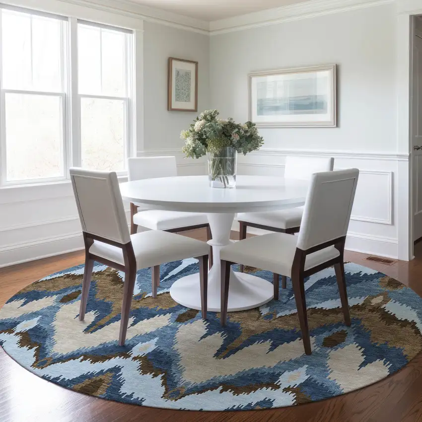 8' Denim Blue And Sky Blue Round Ikat Washable Indoor Outdoor Area Rug Photo 7