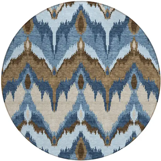 8' Denim Blue And Sky Blue Round Ikat Washable Indoor Outdoor Area Rug Photo 1