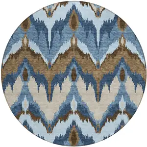 Photo of 8' Denim Blue And Sky Blue Round Ikat Washable Indoor Outdoor Area Rug
