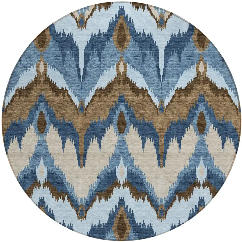 8' Denim Blue And Sky Blue Round Ikat Washable Indoor Outdoor Area Rug Photo 1