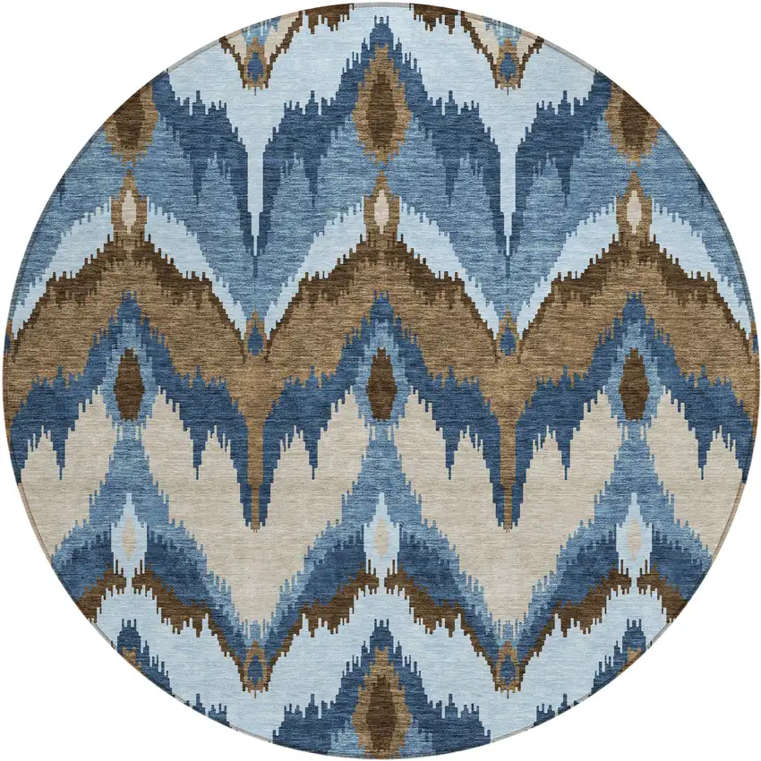 8' Denim Blue And Sky Blue Round Ikat Washable Indoor Outdoor Area Rug Photo 1