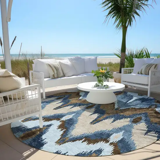 8' Denim Blue And Sky Blue Round Ikat Washable Indoor Outdoor Area Rug Photo 6