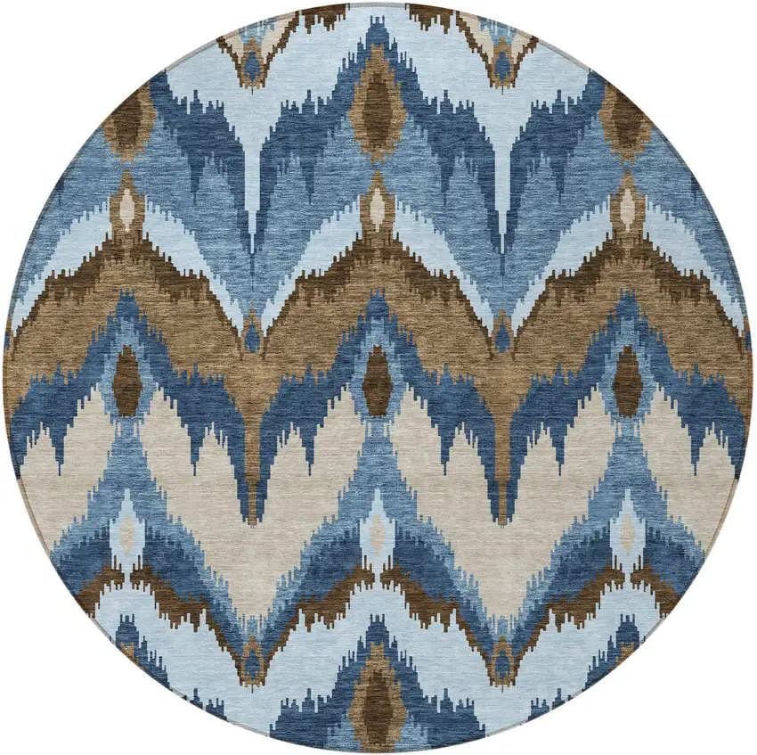 8' Denim Blue And Sky Blue Round Ikat Washable Indoor Outdoor Area Rug Photo 5