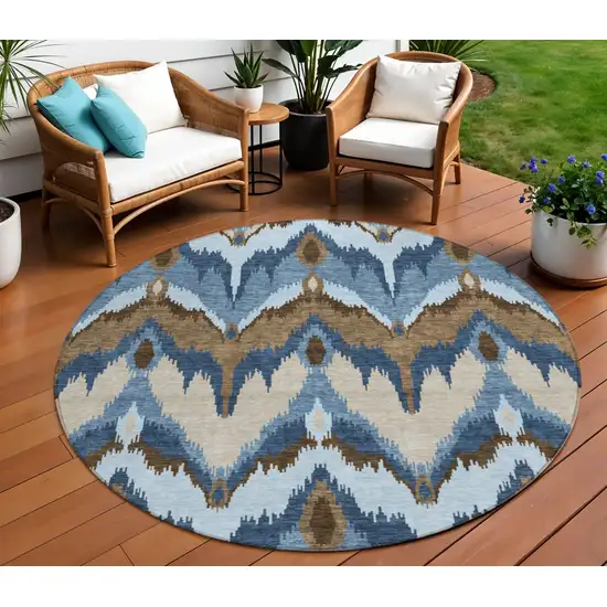 8' Denim Blue And Sky Blue Round Ikat Washable Indoor Outdoor Area Rug Photo 1