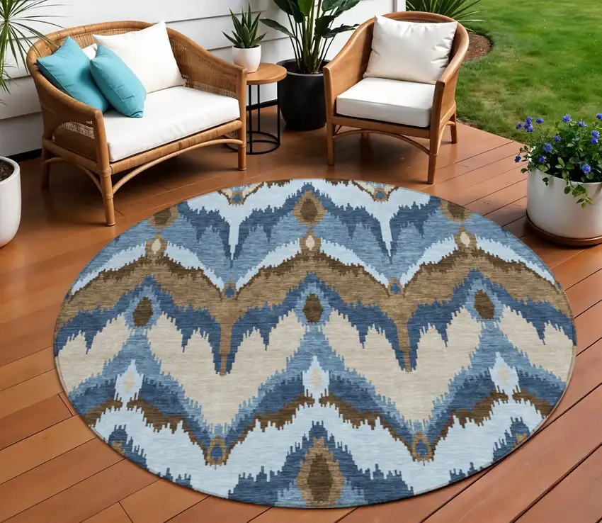 8' Denim Blue And Sky Blue Round Ikat Washable Indoor Outdoor Area Rug Photo 1