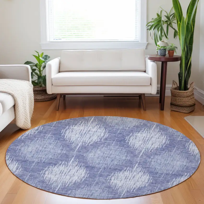 8' Denim Blue And Sky Blue Round Ikat Washable Indoor Outdoor Area Rug Photo 7