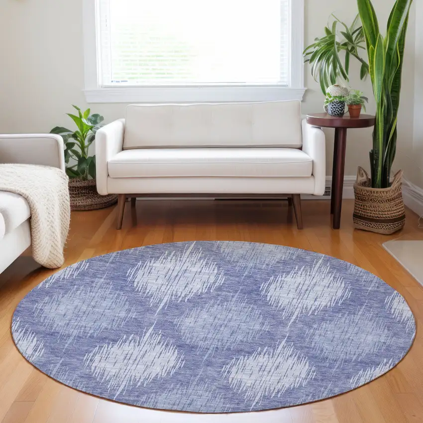 8' Denim Blue And Sky Blue Round Ikat Washable Indoor Outdoor Area Rug Photo 7