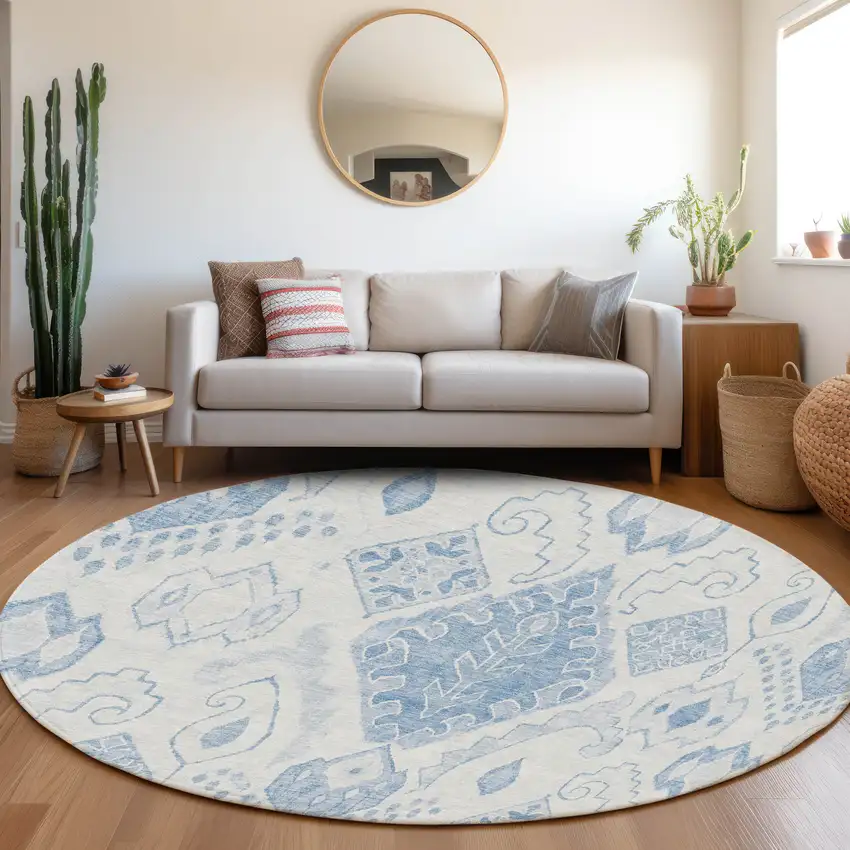 8' Denim Blue And Sky Blue Round Moroccan Washable Indoor Outdoor Area Rug Photo 9