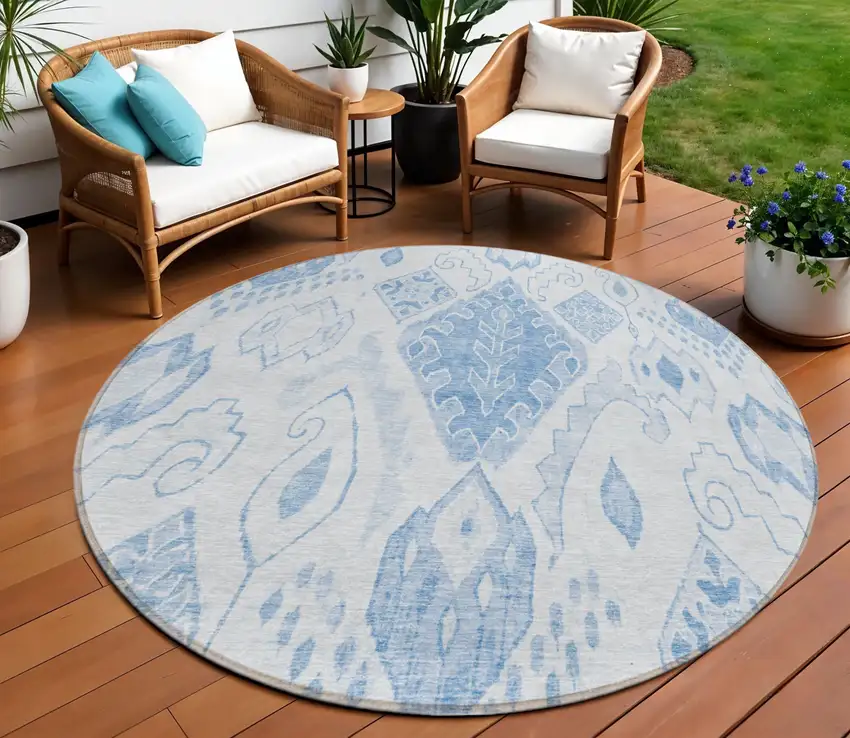 8' Denim Blue And Sky Blue Round Moroccan Washable Indoor Outdoor Area Rug Photo 1