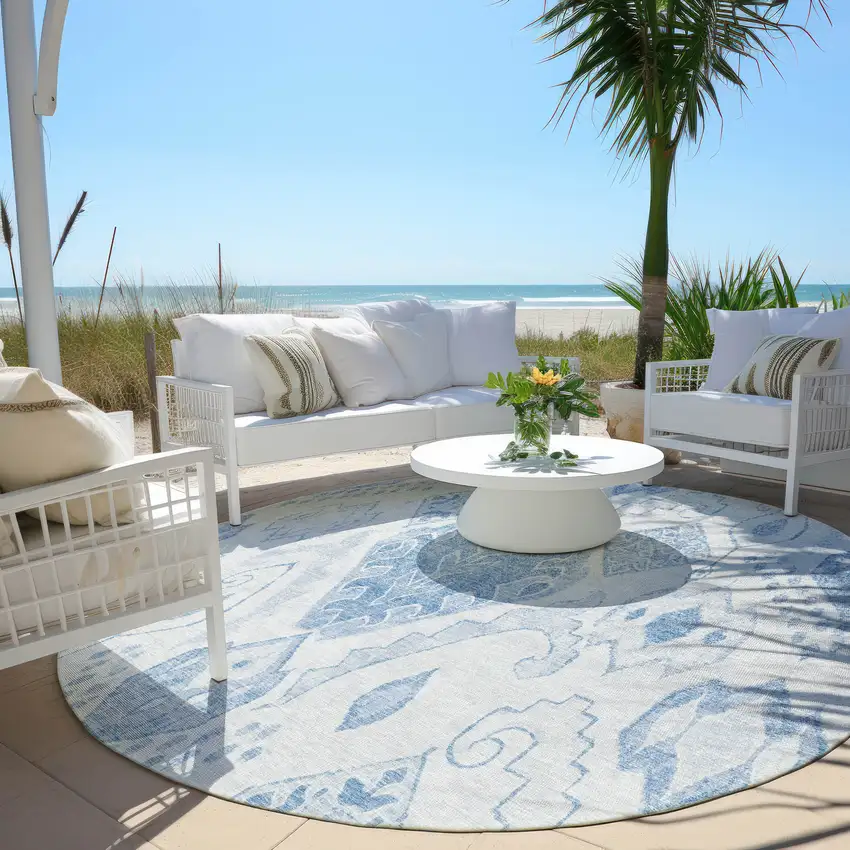 8' Denim Blue And Sky Blue Round Moroccan Washable Indoor Outdoor Area Rug Photo 8