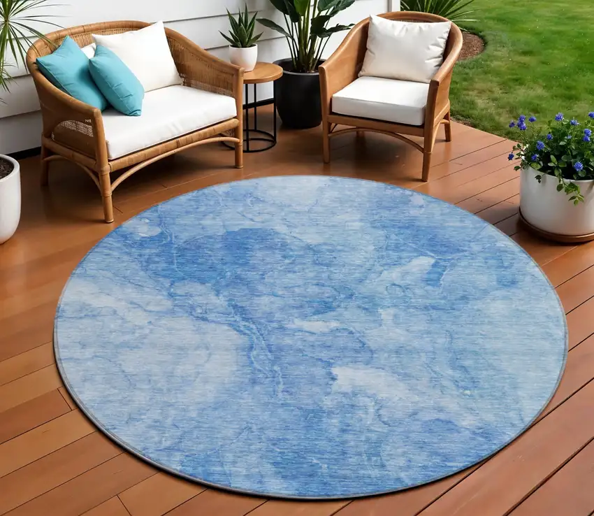 8' Denim Blue And Sky Blue Round Nautical Washable Indoor Outdoor Area Rug Photo 1