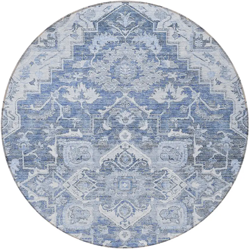8' Denim Blue And Sky Blue Round Oriental Washable Indoor Outdoor Area Rug Photo 5