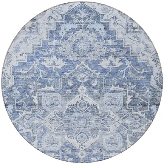 8' Denim Blue And Sky Blue Round Oriental Washable Indoor Outdoor Area Rug Photo 5