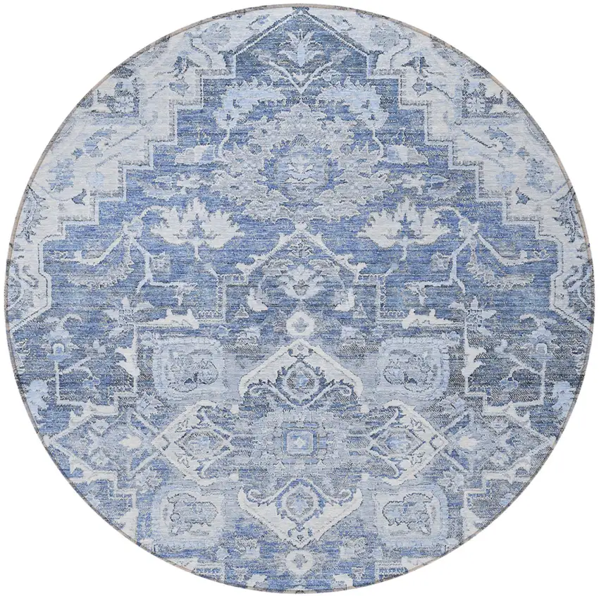 8' Denim Blue And Sky Blue Round Oriental Washable Indoor Outdoor Area Rug Photo 5
