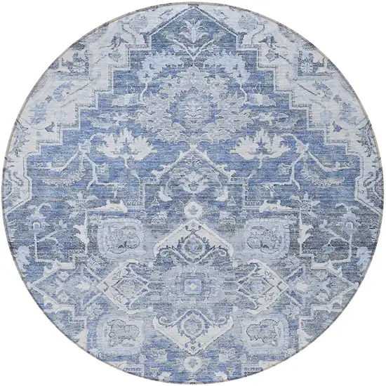 8' Denim Blue And Sky Blue Round Oriental Washable Indoor Outdoor Area Rug Photo 5