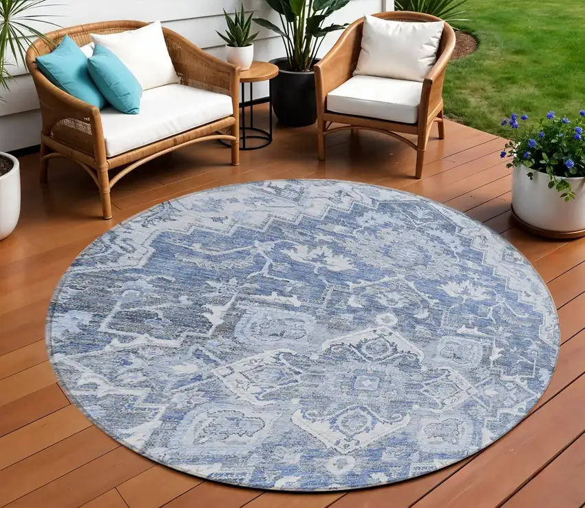 8' Denim Blue And Sky Blue Round Oriental Washable Indoor Outdoor Area Rug Photo 1
