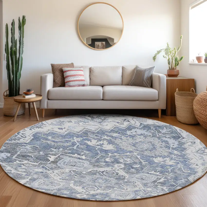 8' Denim Blue And Sky Blue Round Oriental Washable Indoor Outdoor Area Rug Photo 7