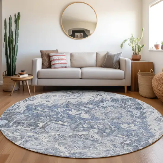 8' Denim Blue And Sky Blue Round Oriental Washable Indoor Outdoor Area Rug Photo 7