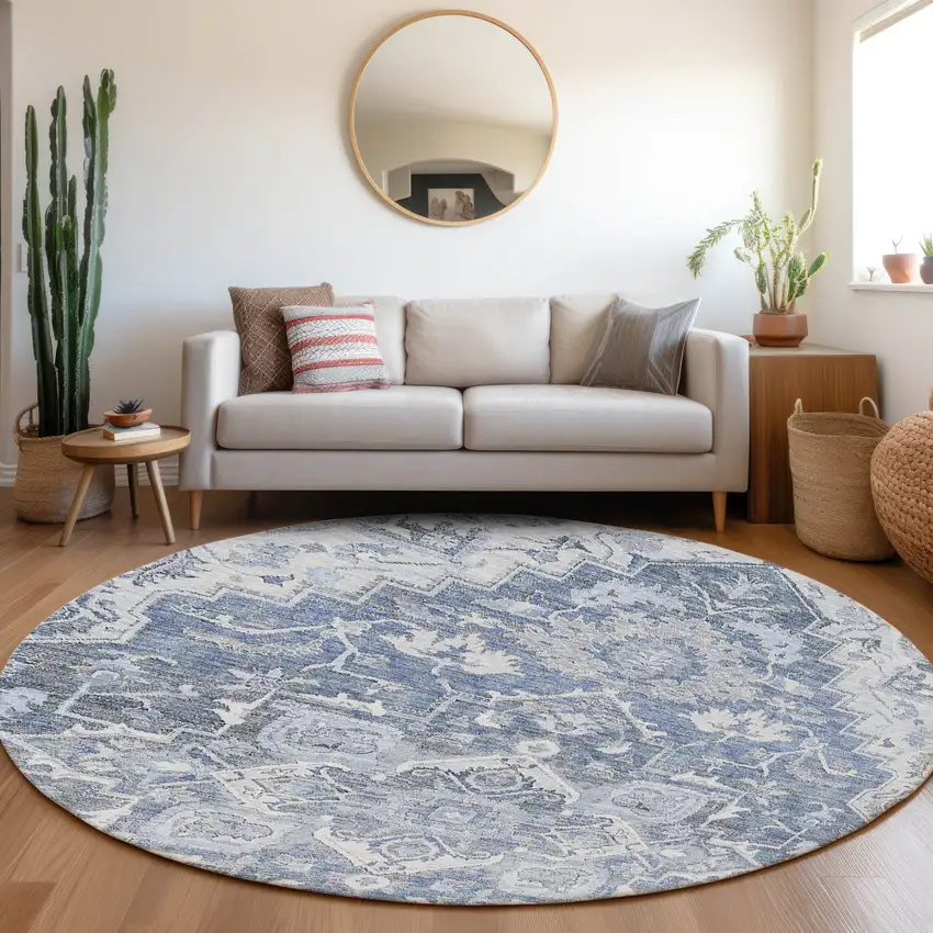 8' Denim Blue And Sky Blue Round Oriental Washable Indoor Outdoor Area Rug Photo 7