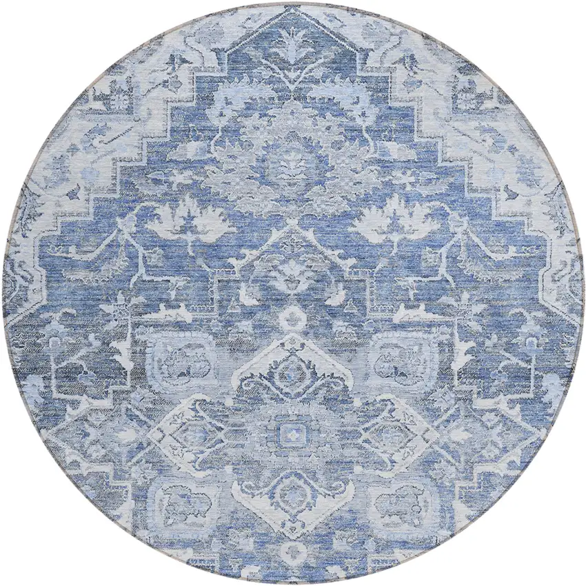 8' Denim Blue And Sky Blue Round Oriental Washable Indoor Outdoor Area Rug Photo 2