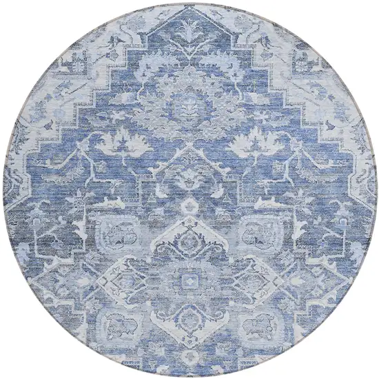 8' Denim Blue And Sky Blue Round Oriental Washable Indoor Outdoor Area Rug Photo 2