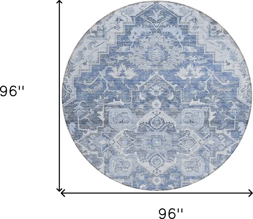 8' Denim Blue And Sky Blue Round Oriental Washable Indoor Outdoor Area Rug Photo 3