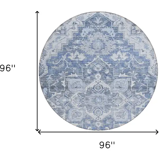 8' Denim Blue And Sky Blue Round Oriental Washable Indoor Outdoor Area Rug Photo 3
