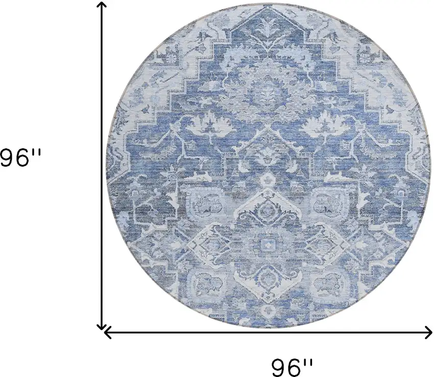 8' Denim Blue And Sky Blue Round Oriental Washable Indoor Outdoor Area Rug Photo 3