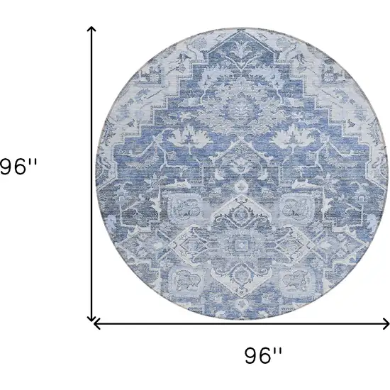 8' Denim Blue And Sky Blue Round Oriental Washable Indoor Outdoor Area Rug Photo 3