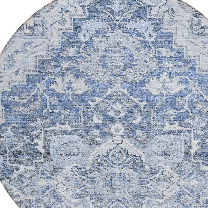 8' Denim Blue And Sky Blue Round Oriental Washable Indoor Outdoor Area Rug Photo 4