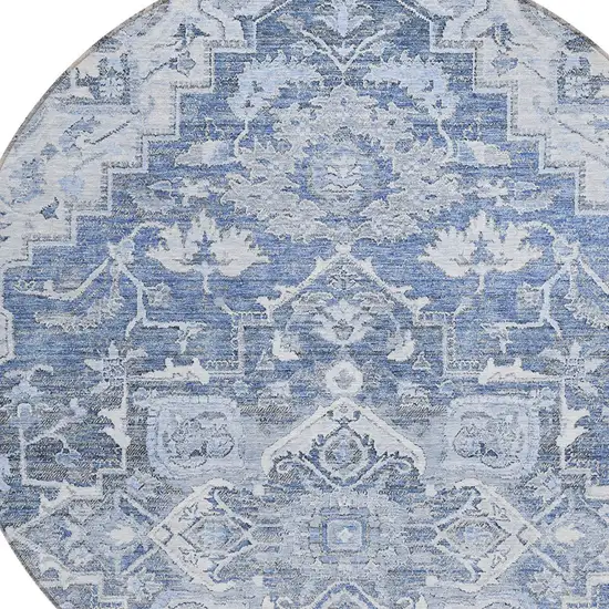 8' Denim Blue And Sky Blue Round Oriental Washable Indoor Outdoor Area Rug Photo 4
