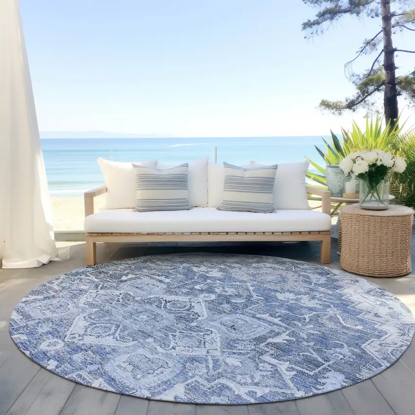 8' Denim Blue And Sky Blue Round Oriental Washable Indoor Outdoor Area Rug Photo 6