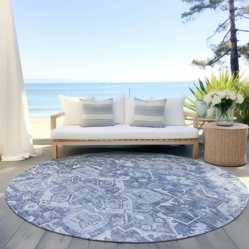 8' Denim Blue And Sky Blue Round Oriental Washable Indoor Outdoor Area Rug Photo 6