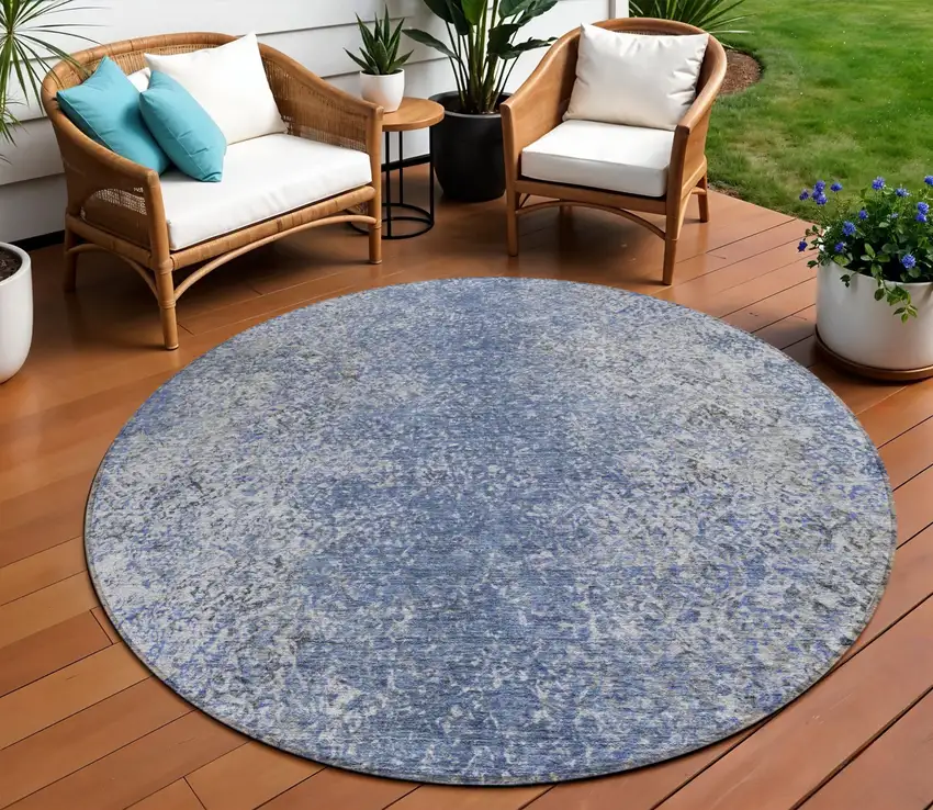 8' Denim Blue And Sky Blue Round Oriental Washable Indoor Outdoor Area Rug Photo 1