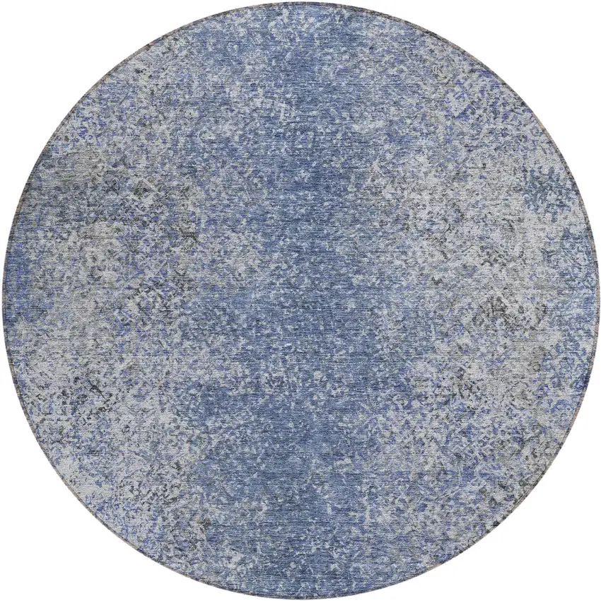 8' Denim Blue And Sky Blue Round Oriental Washable Indoor Outdoor Area Rug Photo 2