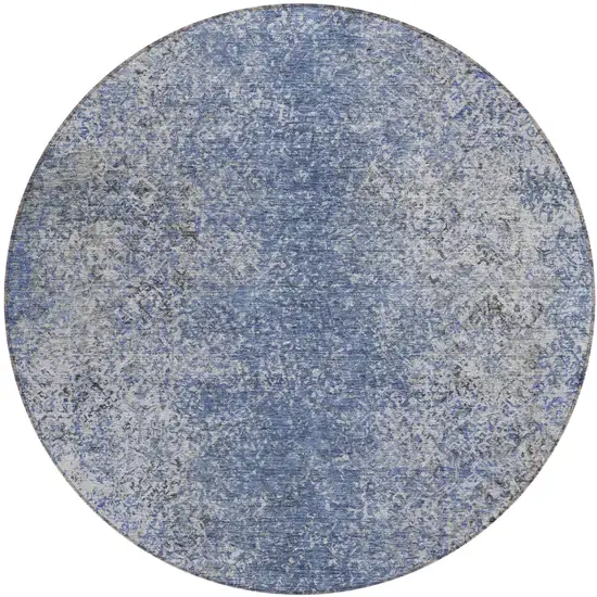 8' Denim Blue And Sky Blue Round Oriental Washable Indoor Outdoor Area Rug Photo 2