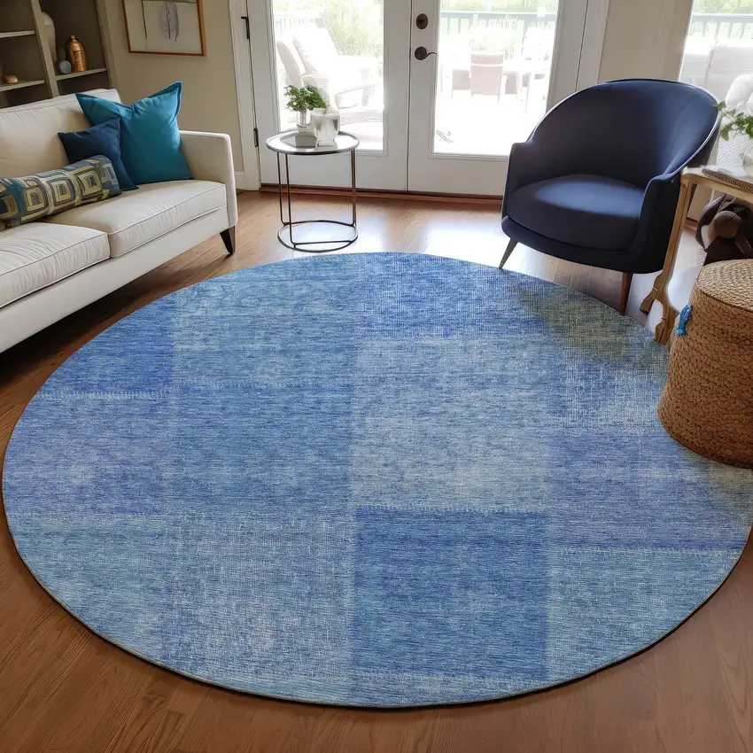 8' Denim Blue And Sky Blue Round Patchwork Washable Indoor Outdoor Area Rug Photo 8