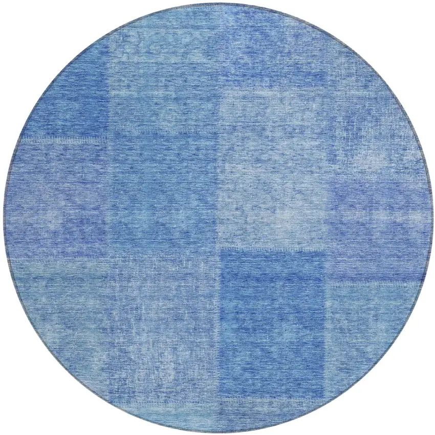 8' Denim Blue And Sky Blue Round Patchwork Washable Indoor Outdoor Area Rug Photo 2