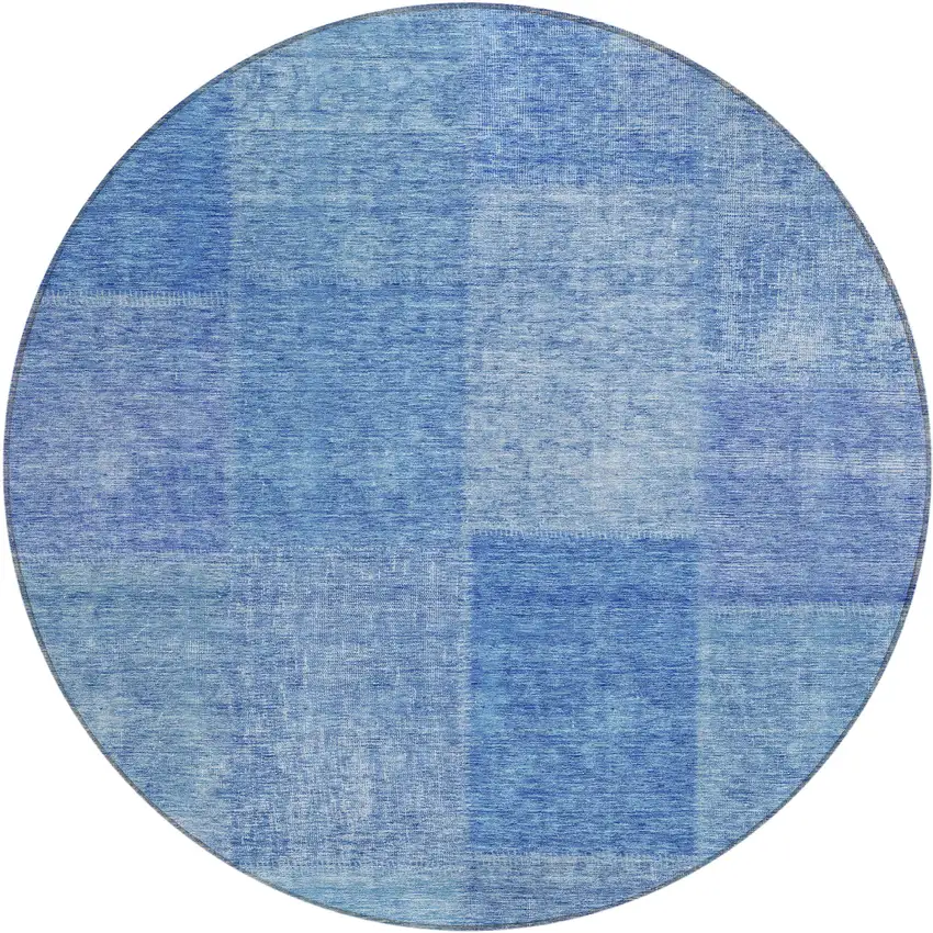 8' Denim Blue And Sky Blue Round Patchwork Washable Indoor Outdoor Area Rug Photo 2