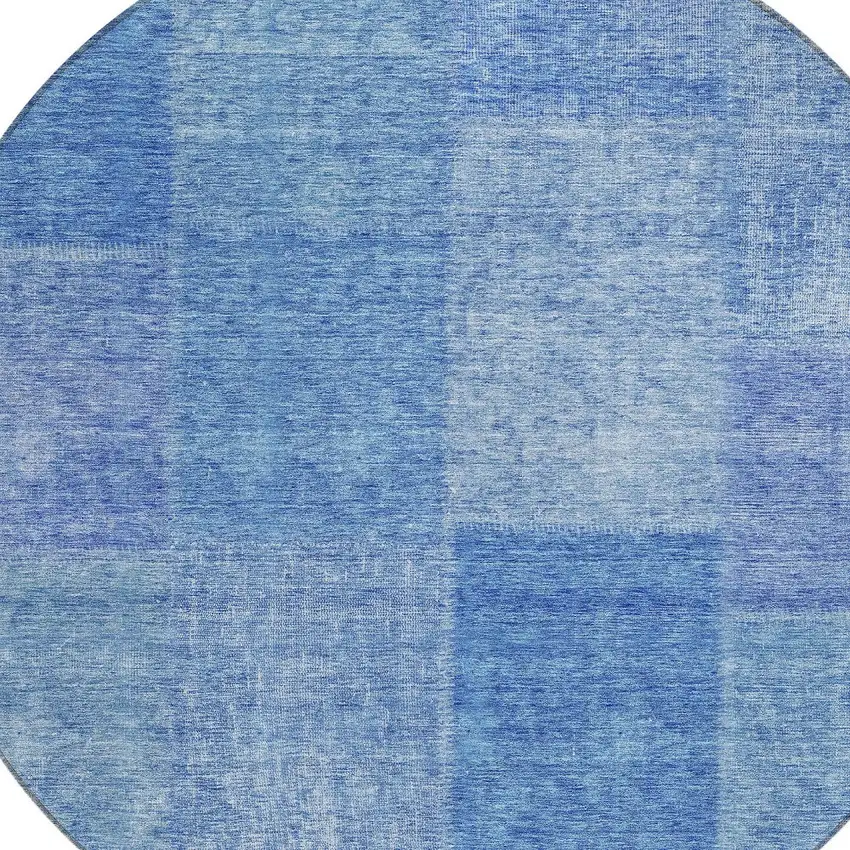 8' Denim Blue And Sky Blue Round Patchwork Washable Indoor Outdoor Area Rug Photo 5