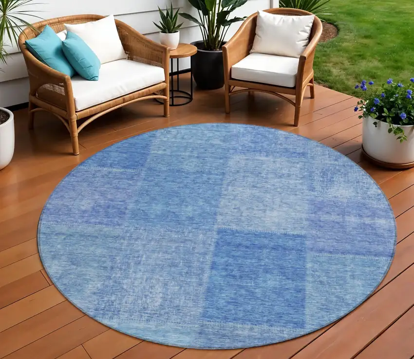 8' Denim Blue And Sky Blue Round Patchwork Washable Indoor Outdoor Area Rug Photo 1
