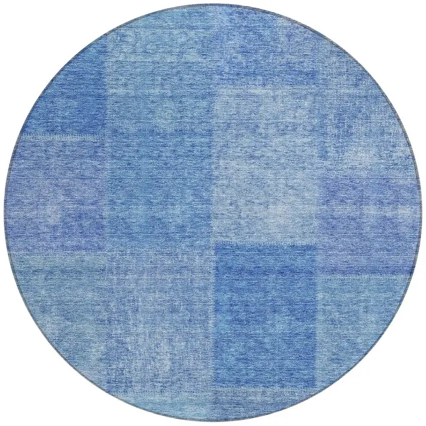 8' Denim Blue And Sky Blue Round Patchwork Washable Indoor Outdoor Area Rug Photo 6
