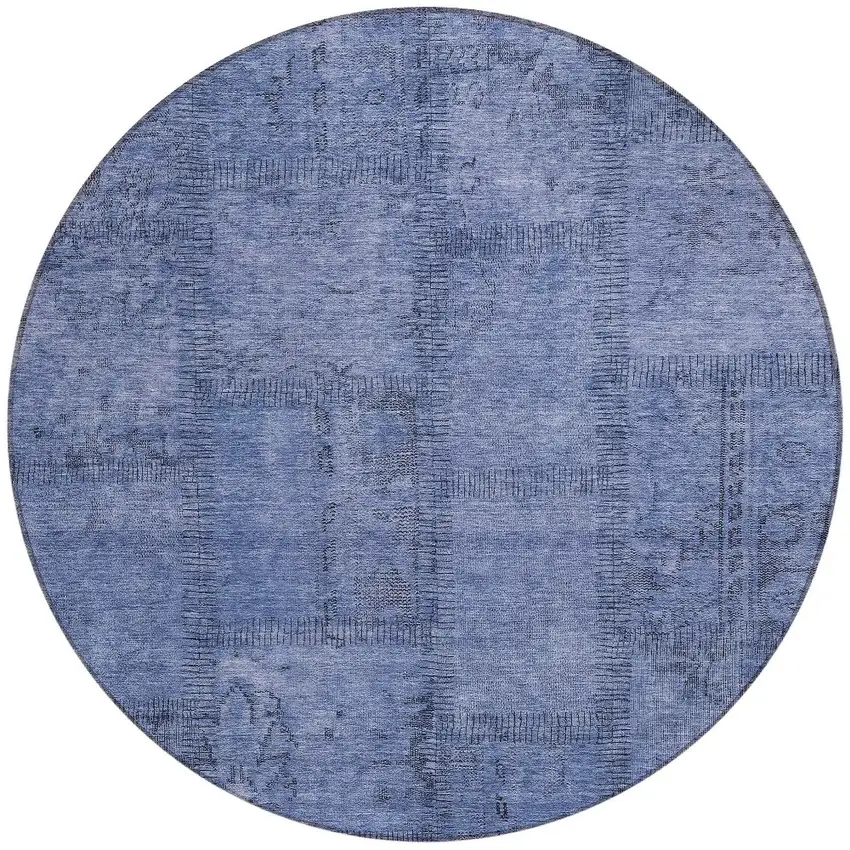 8' Denim Blue And Sky Blue Round Patchwork Washable Indoor Outdoor Area Rug Photo 5