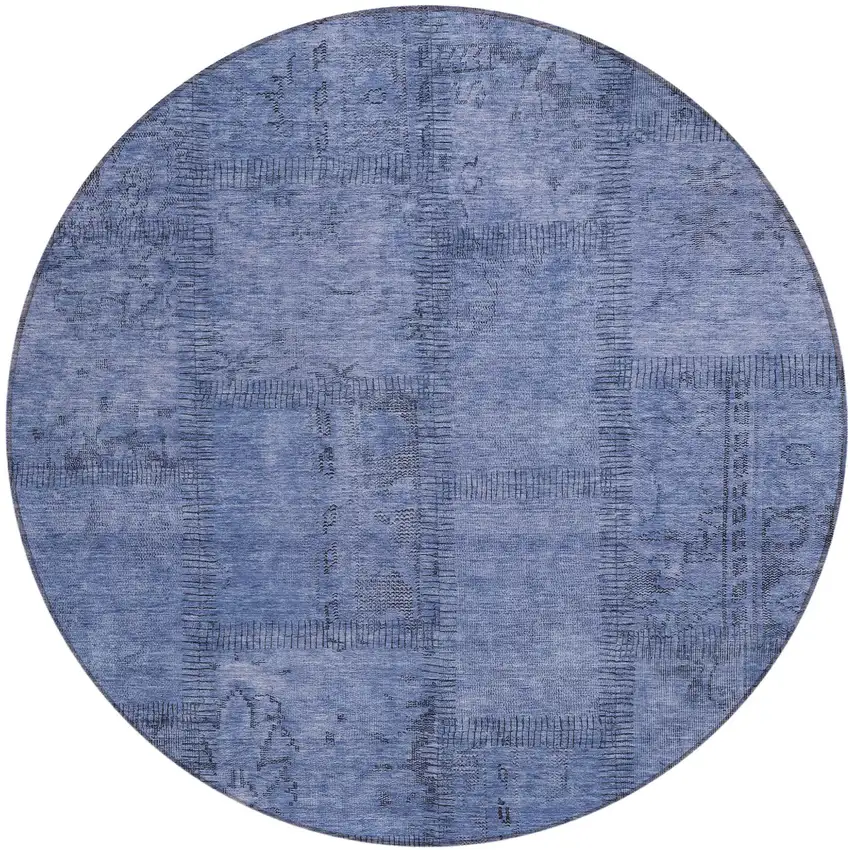 8' Denim Blue And Sky Blue Round Patchwork Washable Indoor Outdoor Area Rug Photo 2