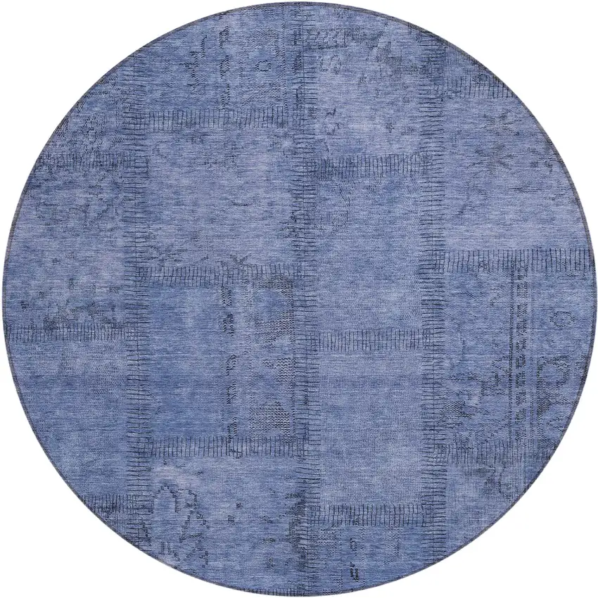 8' Denim Blue And Sky Blue Round Patchwork Washable Indoor Outdoor Area Rug Photo 2