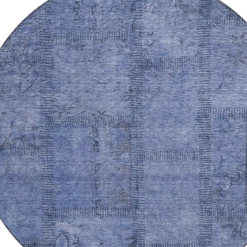 8' Denim Blue And Sky Blue Round Patchwork Washable Indoor Outdoor Area Rug Photo 4