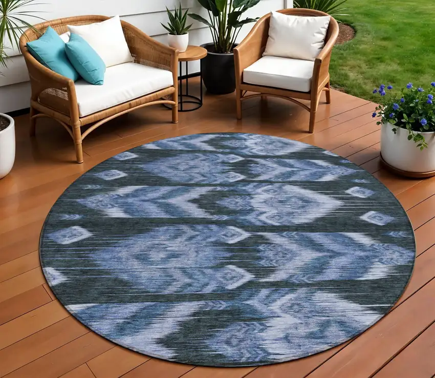 8' Denim Blue And Sky Blue Round Southwestern Washable Indoor Outdoor Area Rug Photo 1