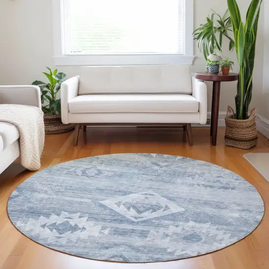 8' Denim Blue And Sky Blue Round Southwestern Washable Indoor Outdoor Area Rug Photo 8