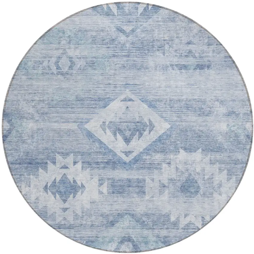 8' Denim Blue And Sky Blue Round Southwestern Washable Indoor Outdoor Area Rug Photo 2